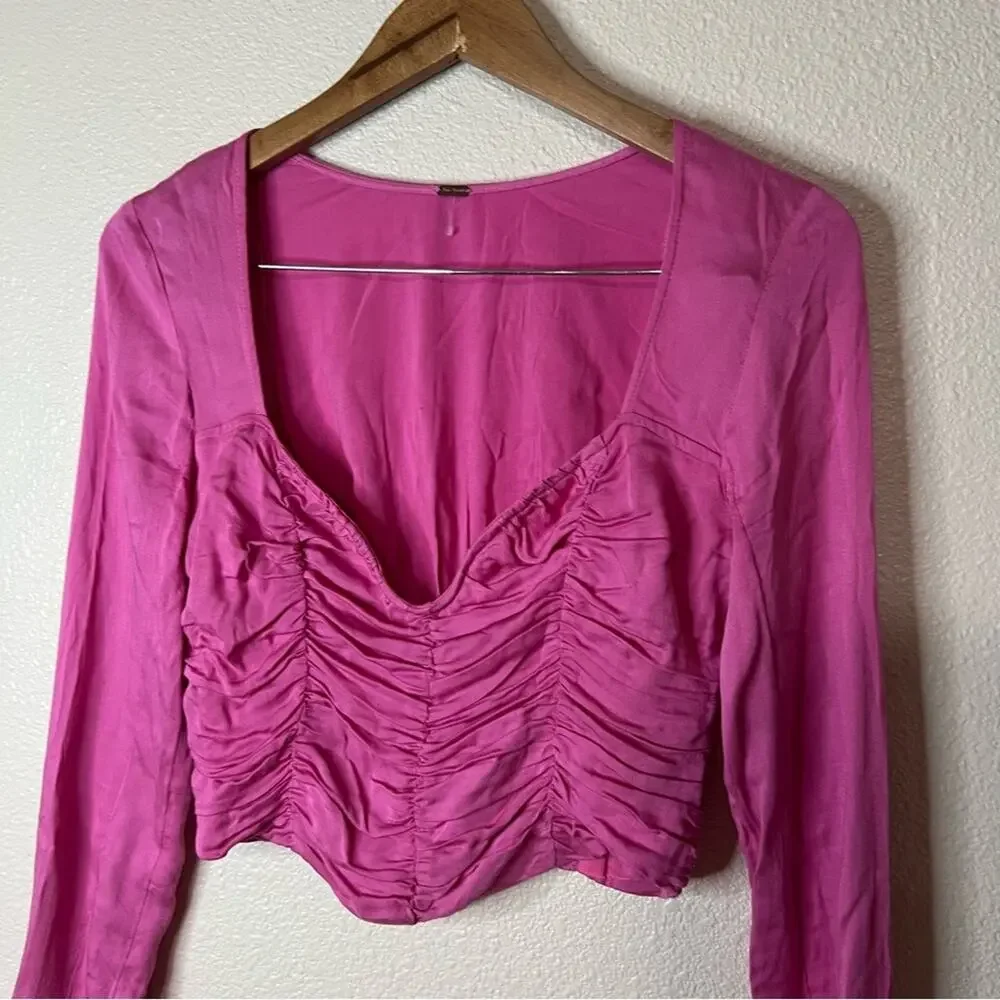 Free People FP pink smocked long sleeve cropped length blouse SMALL